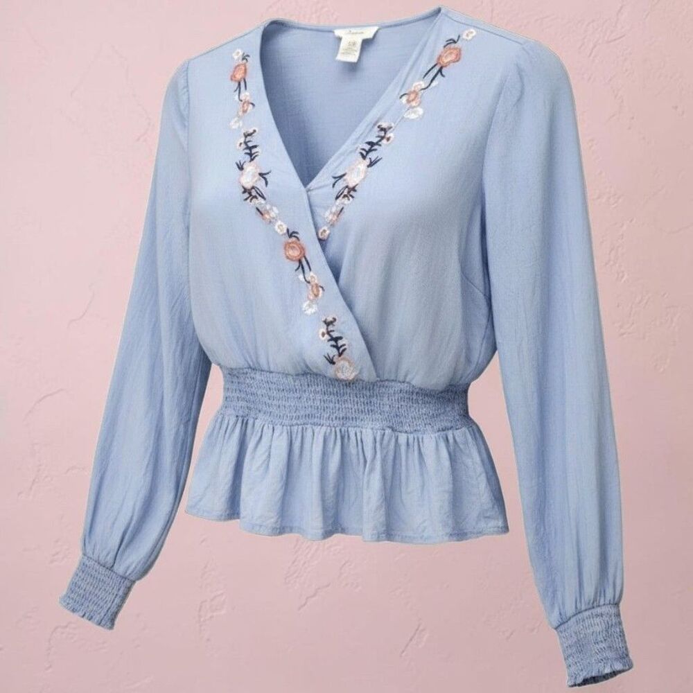Japna Surplice Embroidered Shirt Womens XS Denim Blue Smocked Waist Cottagecore